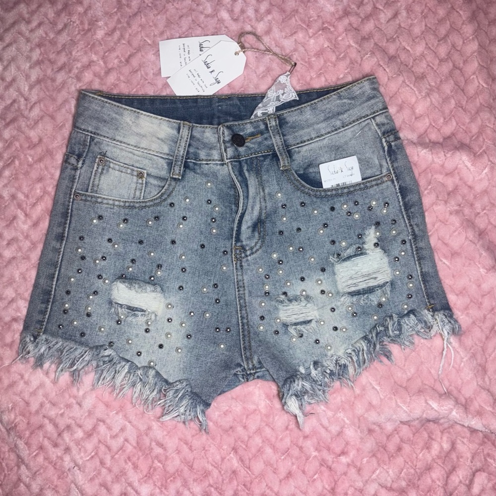 Distressed Studded Denim Shorts